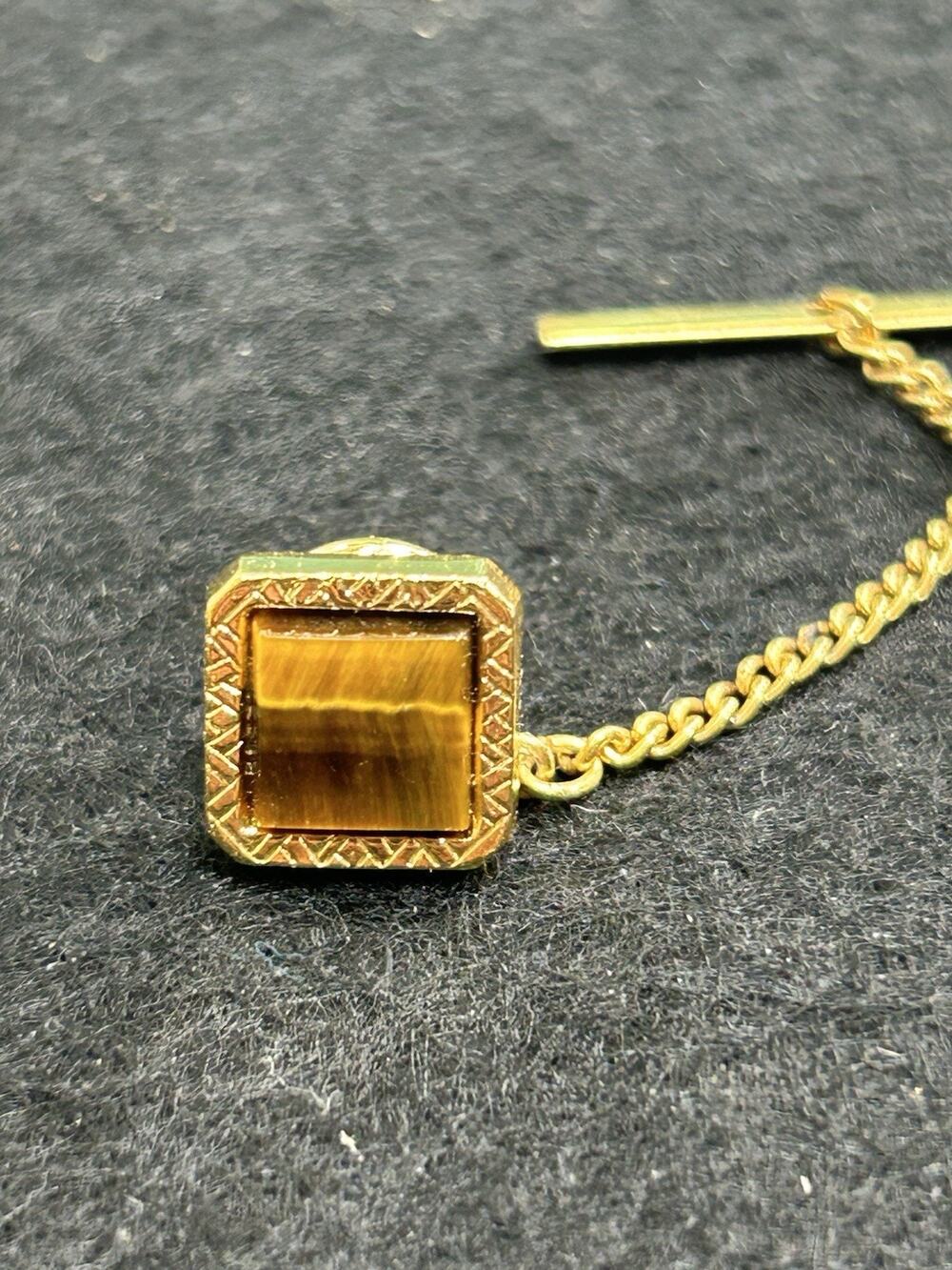 Vintage Tigers Eye Tie Tack Gold Tone Square Stone Chain T Bar Mid Century